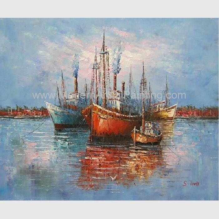 Thick Oil Abstract Sailboat Paintings / Hand Painted Boat Landscape