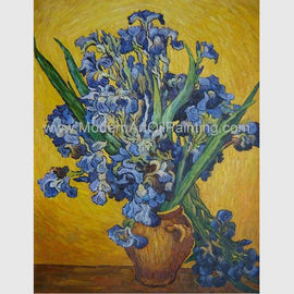 Custom Hand Painted Van Gogh Irises In Vase Against A Yellow Background