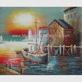 Sunrise Senery Orange Boats Oil Painting Sailboat Canvas Art For Parlour
