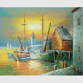 Sailling Boats Oil Painting Harbor , Modern Sunset Landscape Painting