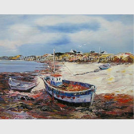 Hand Painted Fishing Boats Oil Paintings, Abstract Canvas Painting on Beach