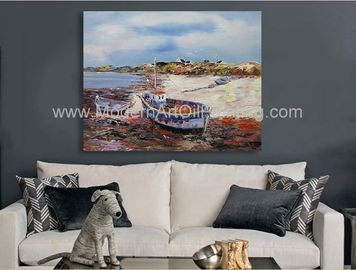 Hand Painted Fishing Boats Oil Paintings, Abstract Canvas Painting on Beach